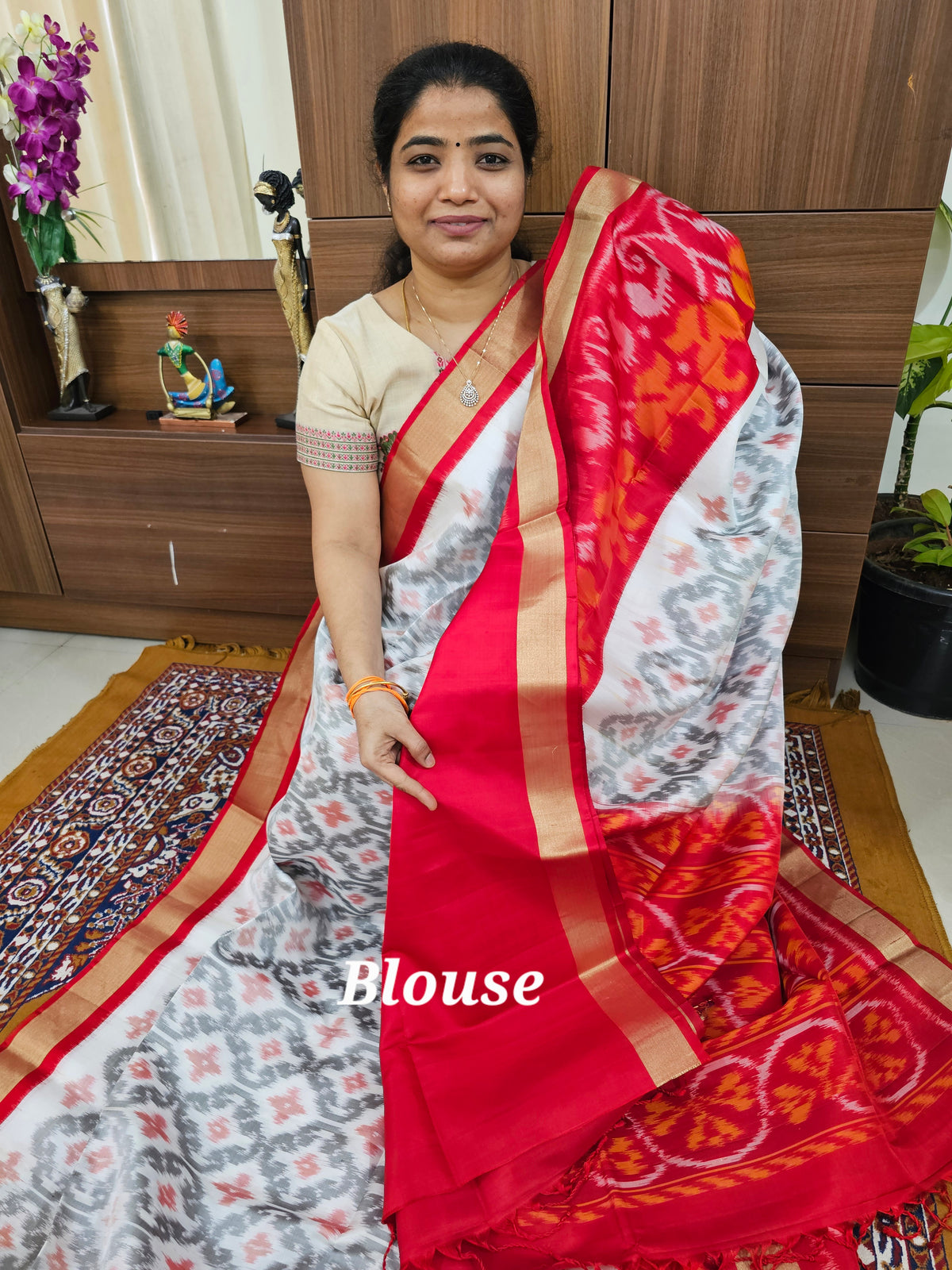 Pochampally Weave Pure Handloom Soft Silk Saree - White with Red