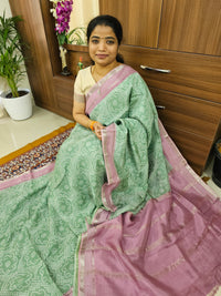 Handwoven Mangalagiri Pattu Saree with Digital Prints  - Sea Green with Onion Pink