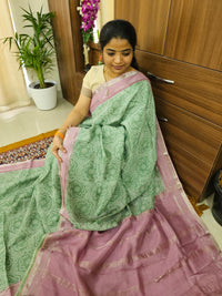 Handwoven Mangalagiri Pattu Saree with Digital Prints  - Sea Green with Onion Pink