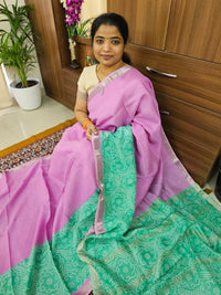 Handwoven Mangalagiri Pattu Saree with Digital Prints  - Pink with Sea Green