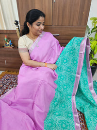 Handwoven Mangalagiri Pattu Saree with Digital Prints  - Pink with Sea Green
