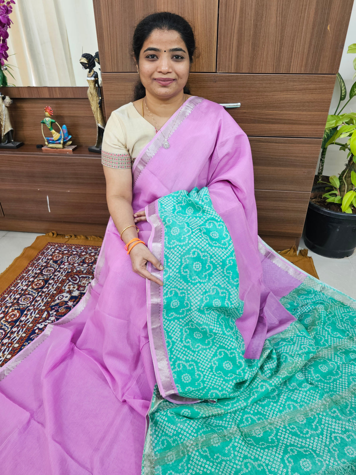 Handwoven Mangalagiri Pattu Saree with Digital Prints  - Pink with Sea Green