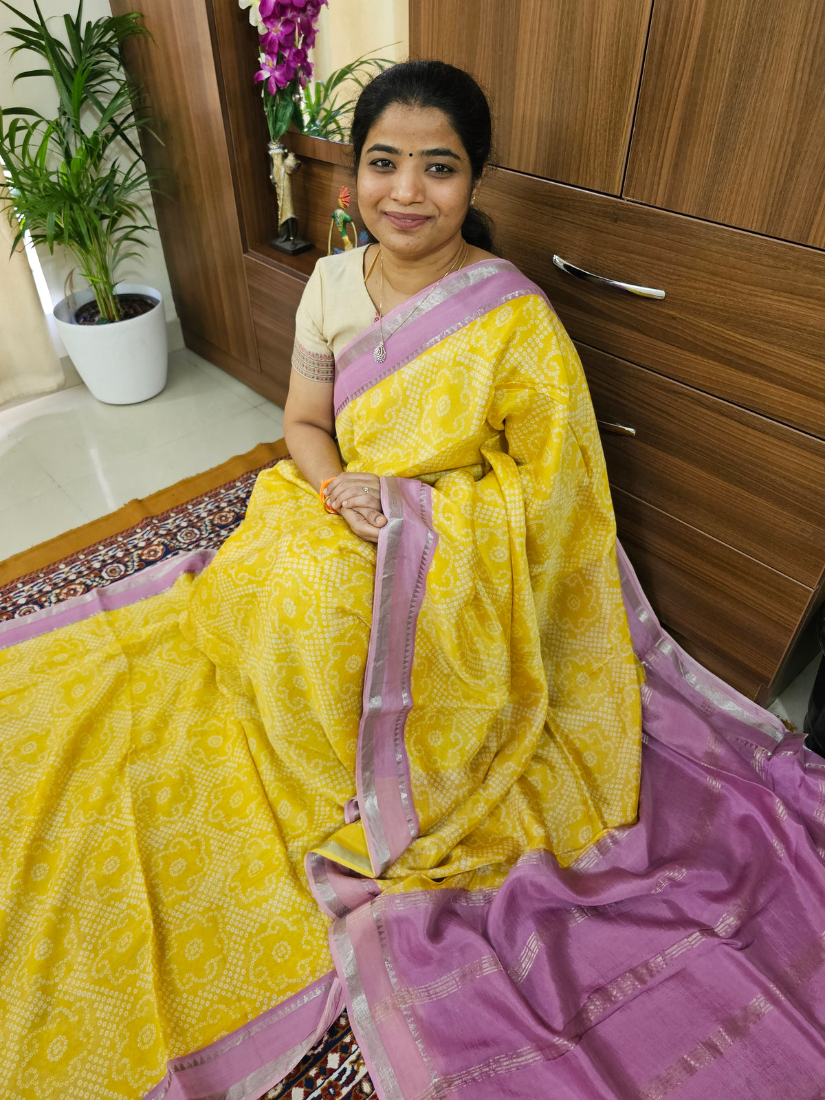 Handwoven Mangalagiri Pattu Saree with Digital Prints  - Yellow with Lotus Pink