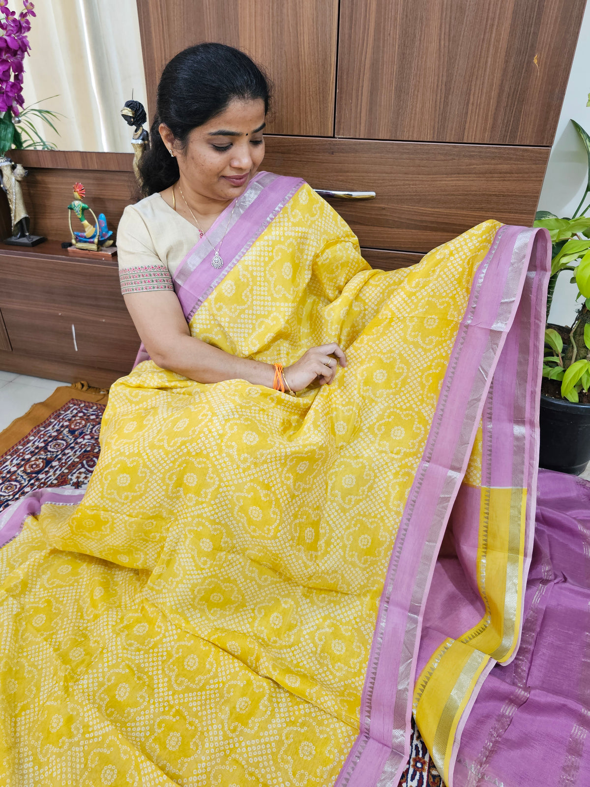 Handwoven Mangalagiri Pattu Saree with Digital Prints  - Yellow with Lotus Pink