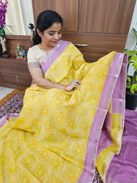 Handwoven Mangalagiri Pattu Saree with Digital Prints  - Yellow with Lotus Pink