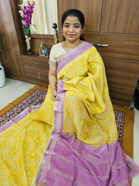 Handwoven Mangalagiri Pattu Saree with Digital Prints  - Yellow with Lotus Pink