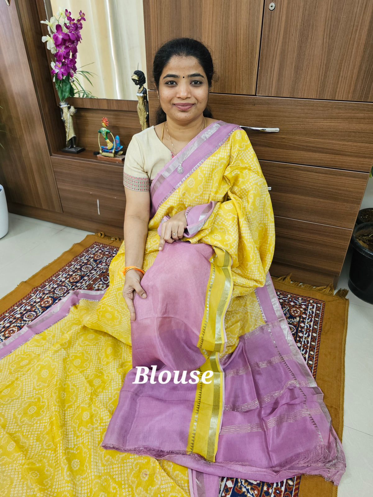 Handwoven Mangalagiri Pattu Saree with Digital Prints  - Yellow with Lotus Pink