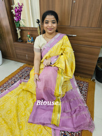 Handwoven Mangalagiri Pattu Saree with Digital Prints  - Yellow with Lotus Pink