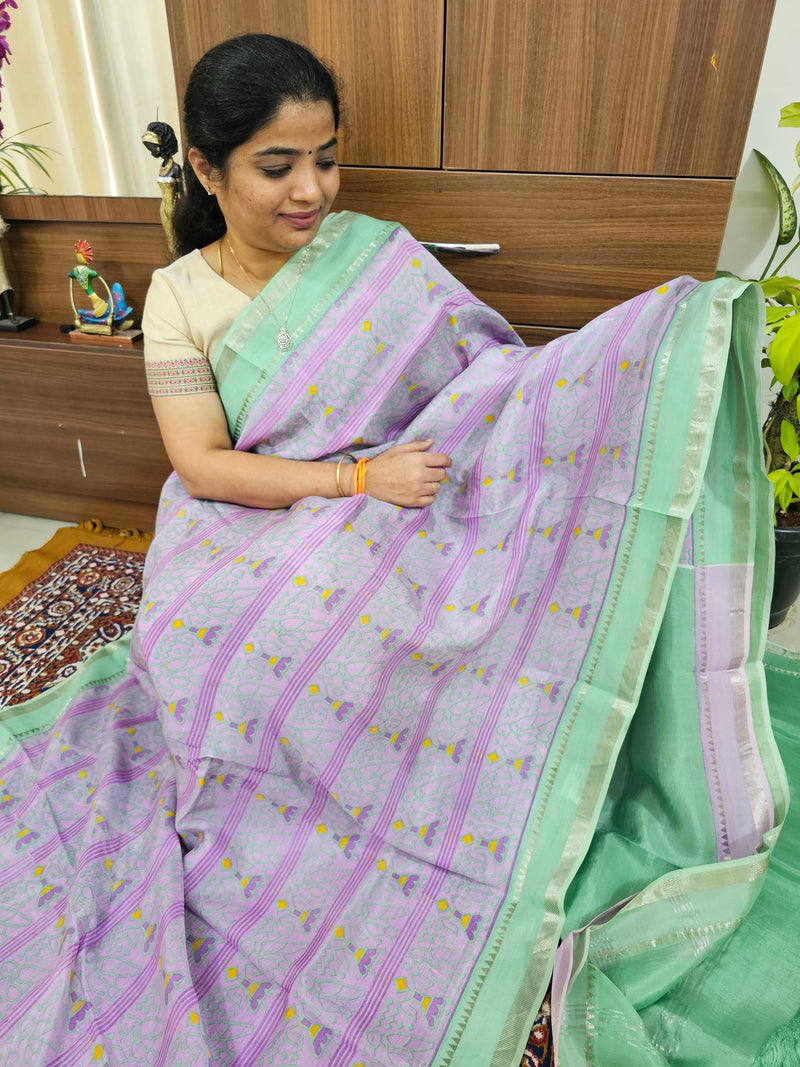 Handwoven Mangalagiri Pattu Saree with Digital Prints  - Lavender with Sea Green