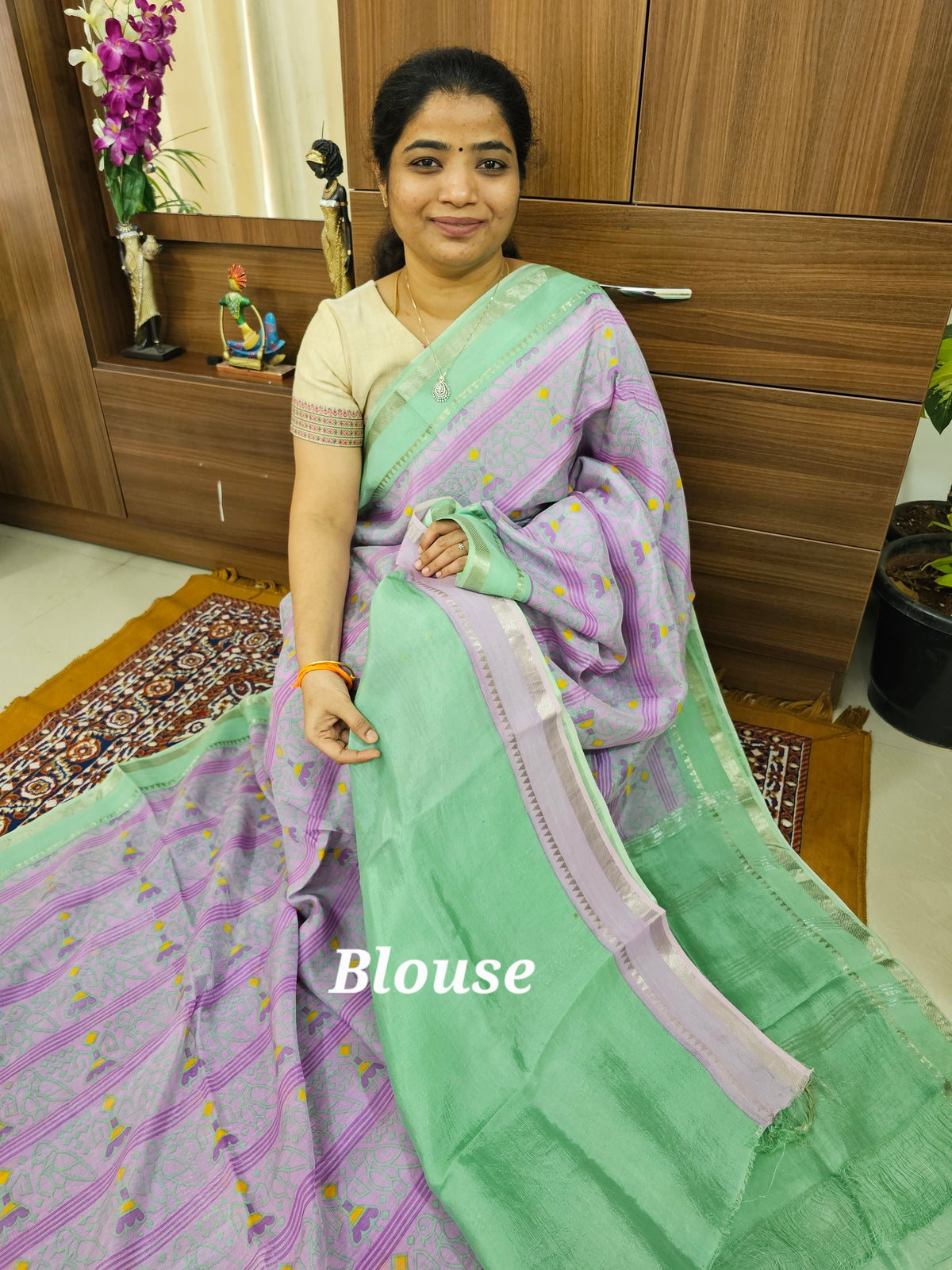 Handwoven Mangalagiri Pattu Saree with Digital Prints  - Lavender with Sea Green