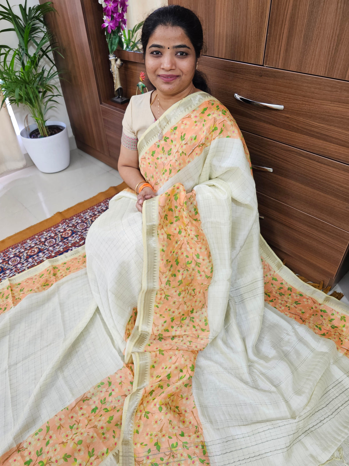 Handwoven Mangalagiri Pattu Saree with Floral Digital Prints  - Sandal with Pink