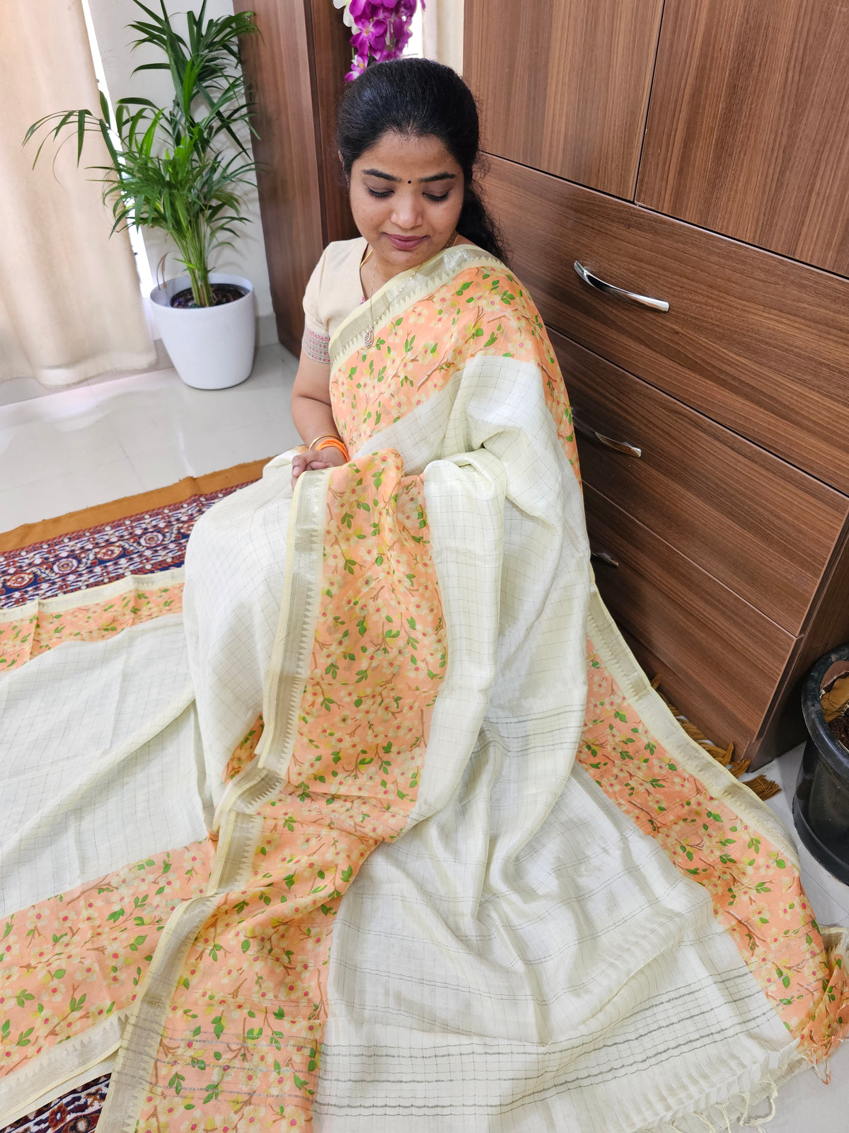 Handwoven Mangalagiri Pattu Saree with Floral Digital Prints  - Sandal with Pink
