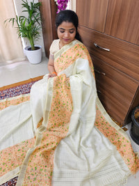 Handwoven Mangalagiri Pattu Saree with Floral Digital Prints  - Sandal with Pink