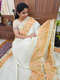 Handwoven Mangalagiri Pattu Saree with Floral Digital Prints  - Sandal with Pink
