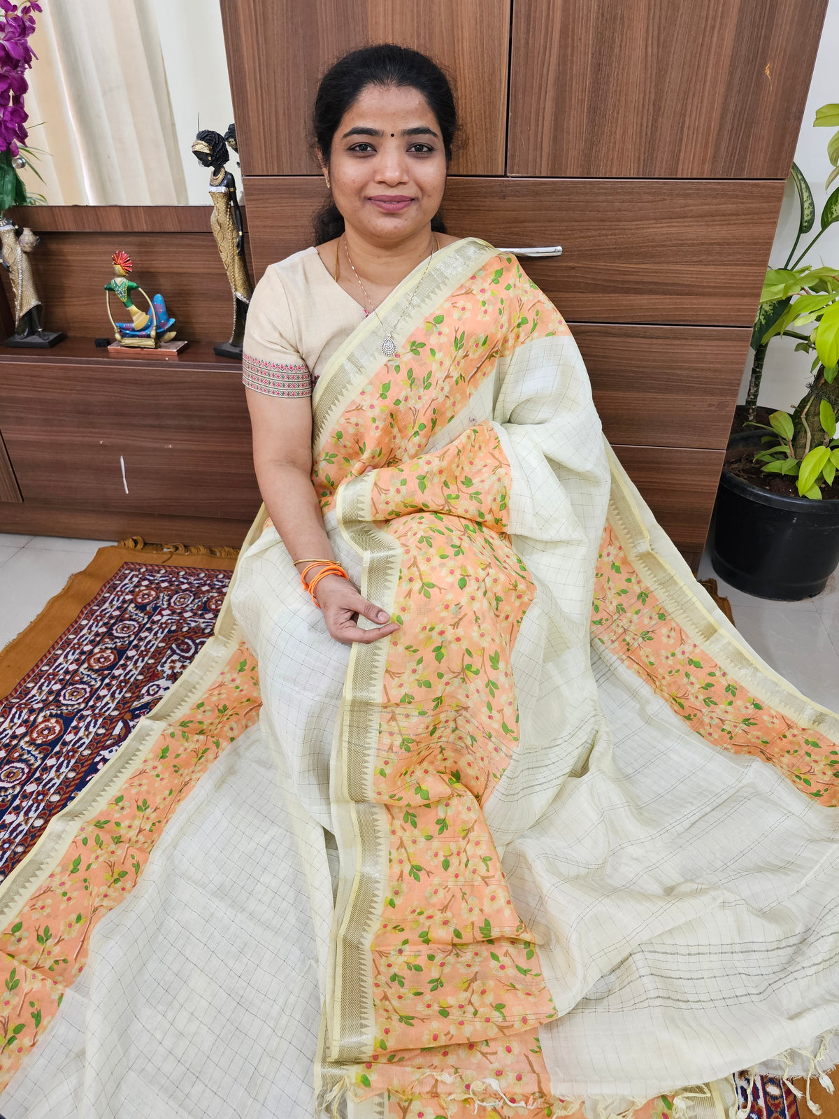 Handwoven Mangalagiri Pattu Saree with Floral Digital Prints  - Sandal with Pink