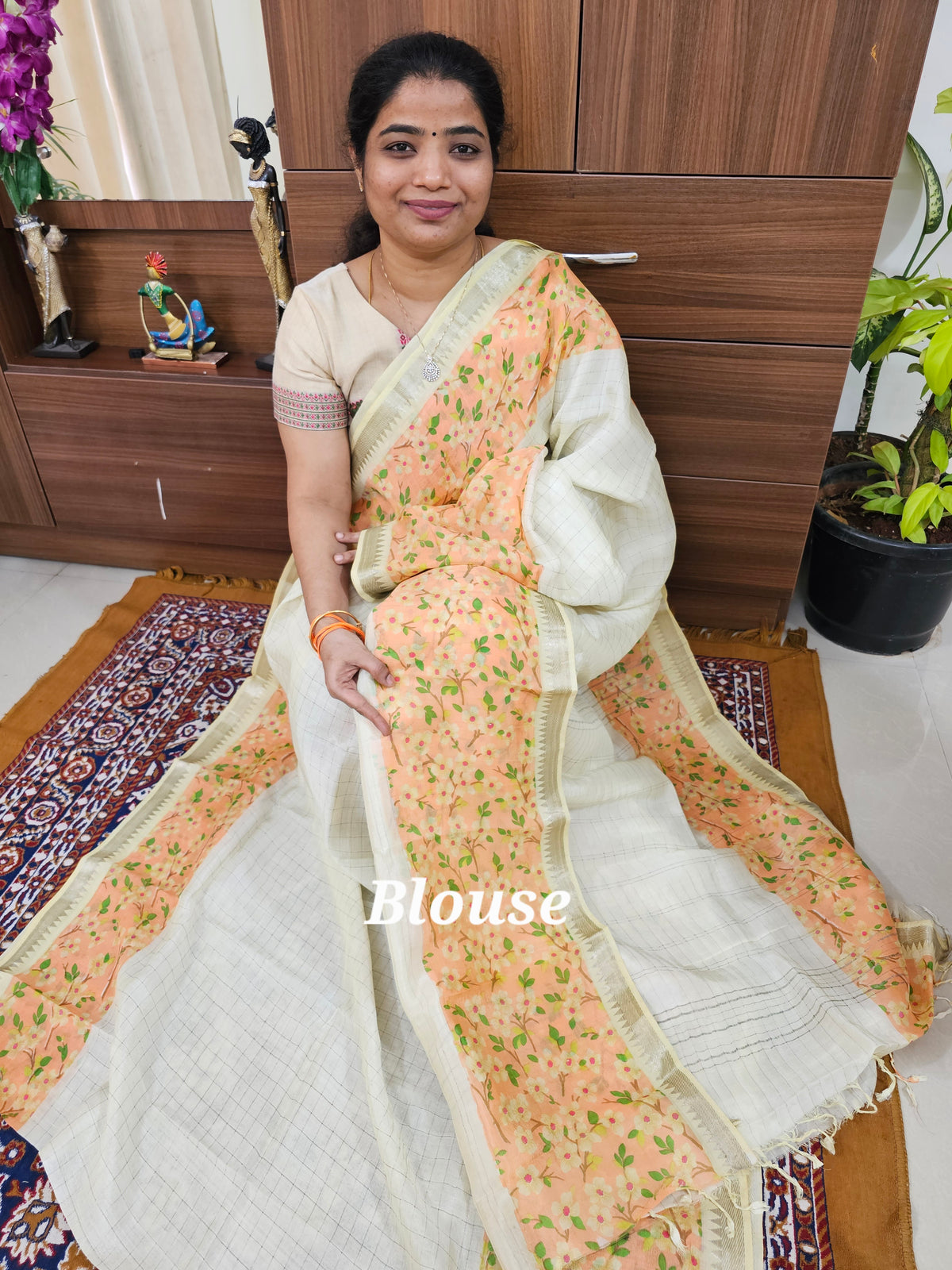 Handwoven Mangalagiri Pattu Saree with Floral Digital Prints  - Sandal with Pink