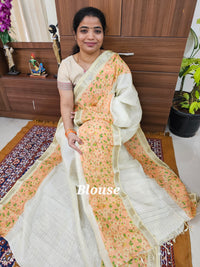 Handwoven Mangalagiri Pattu Saree with Floral Digital Prints  - Sandal with Pink