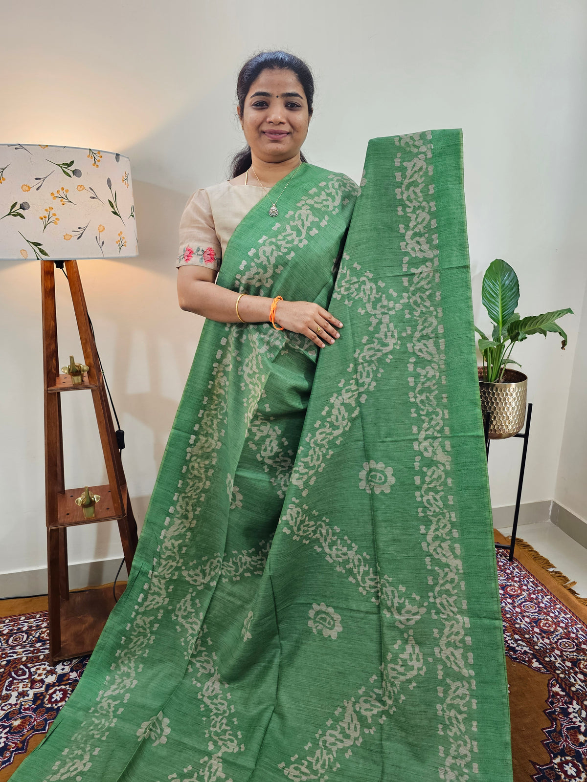 Bhagalpuri with Batik Print - Green with Grey