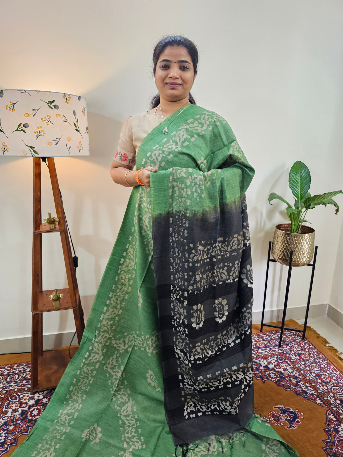 Bhagalpuri with Batik Print - Green with Grey