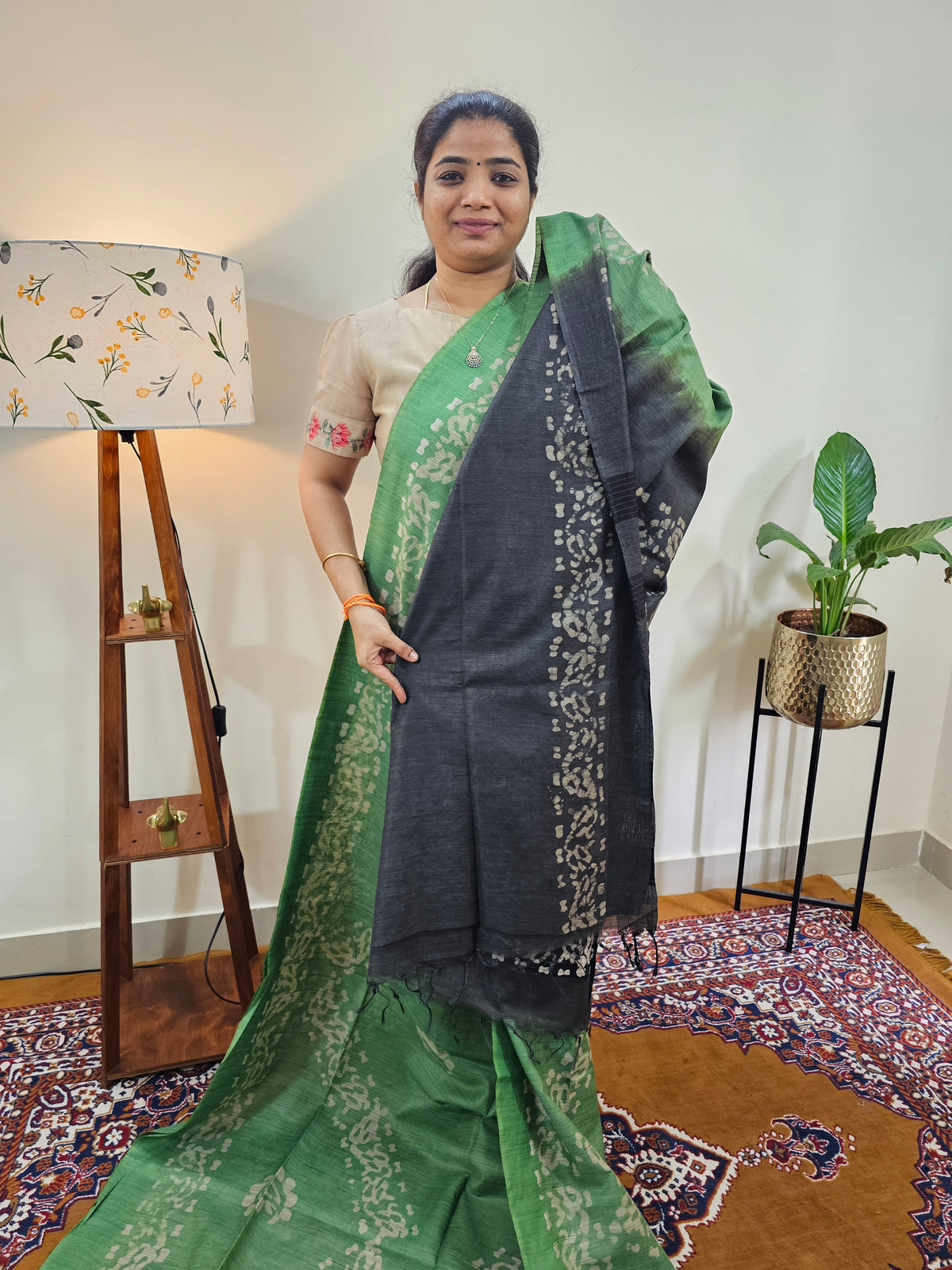 Bhagalpuri with Batik Print - Green with Grey