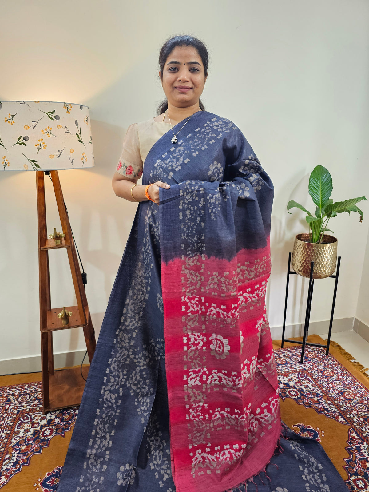 Bhagalpuri with Batik Print - Blue with Pink