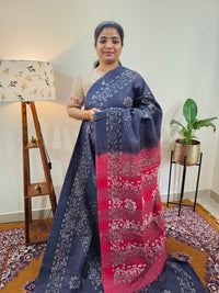 Bhagalpuri with Batik Print - Blue with Pink