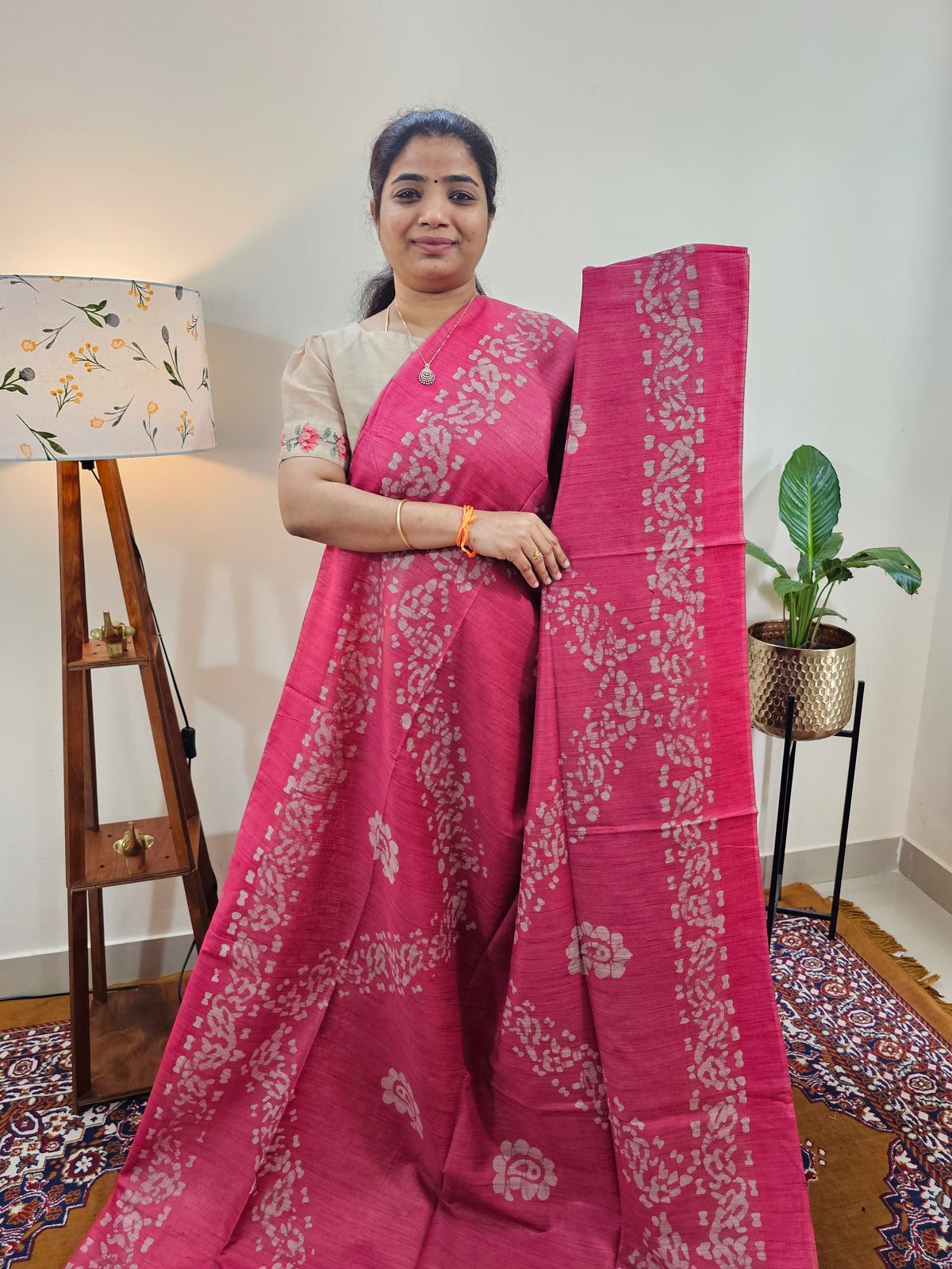 Bhagalpuri with Batik Print - Pink with Maroon