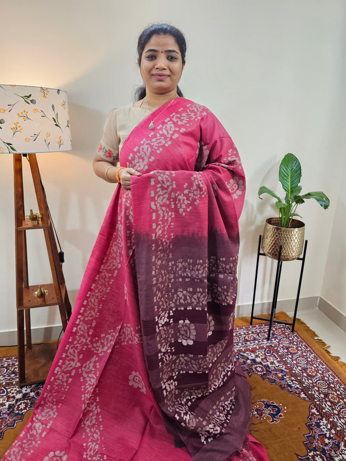 Bhagalpuri with Batik Print - Pink with Maroon