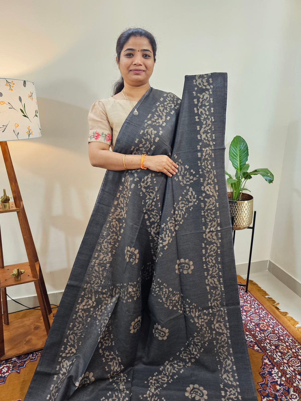 Bhagalpuri with Batik Print - Grey with Peacock Blue