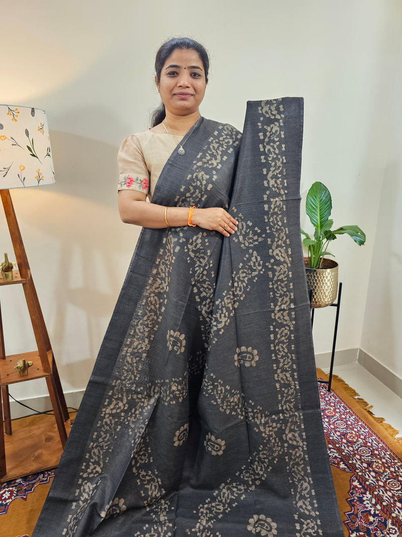 Bhagalpuri with Batik Print - Grey with Peacock Blue