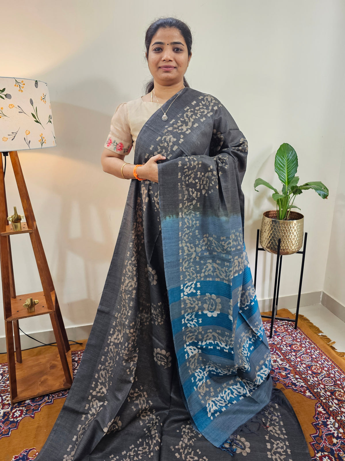 Bhagalpuri with Batik Print - Grey with Peacock Green