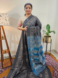 Bhagalpuri with Batik Print - Grey with Peacock Green