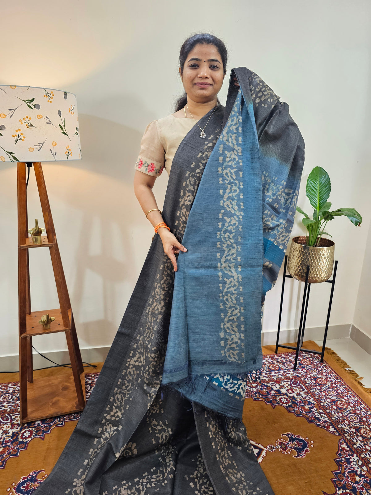 Bhagalpuri with Batik Print - Grey with Peacock Green