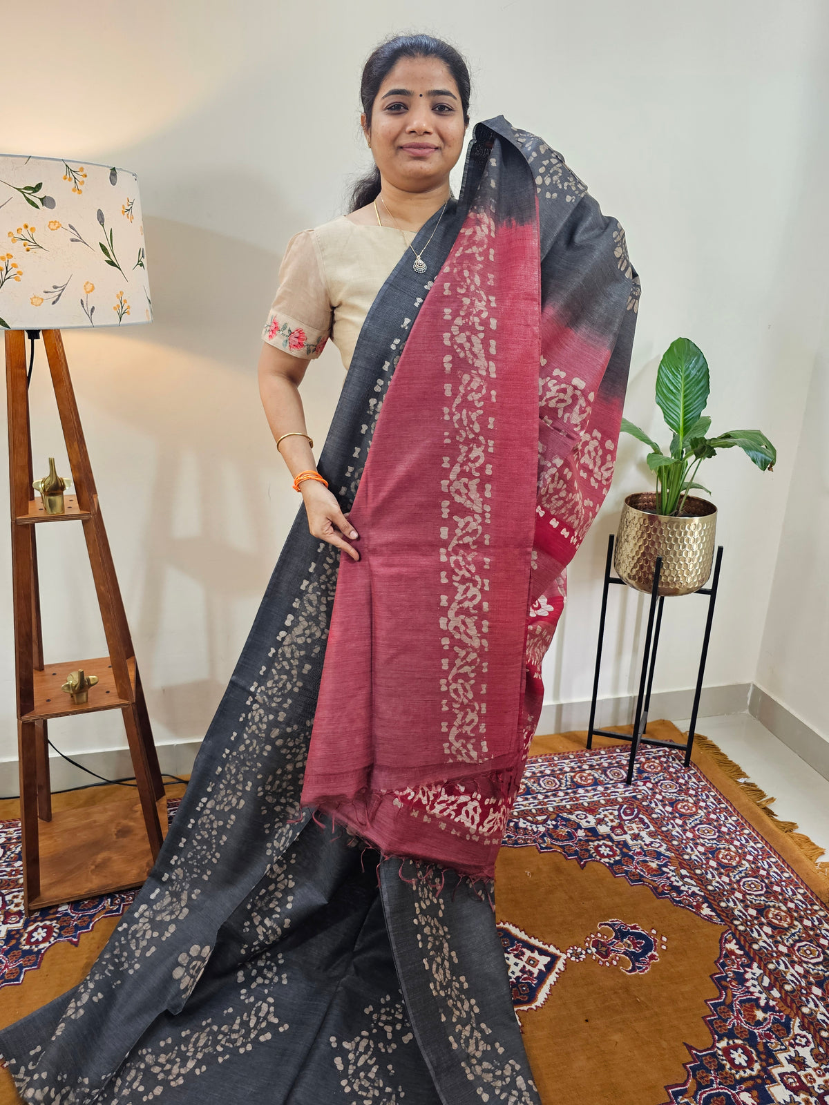 Bhagalpuri with Batik Print - Grey with Maroon