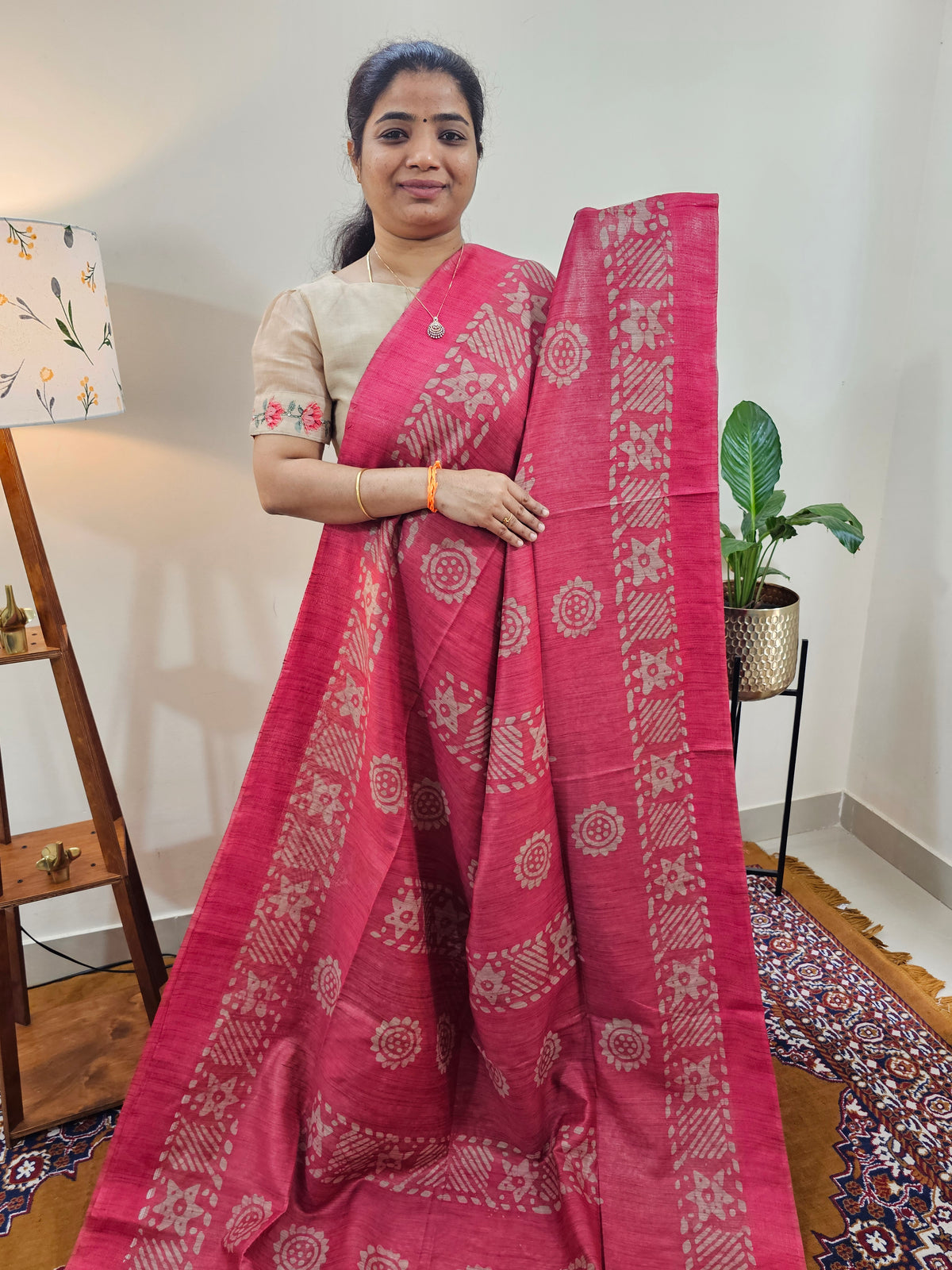 Bhagalpuri with Batik Print - Pink with Maroon