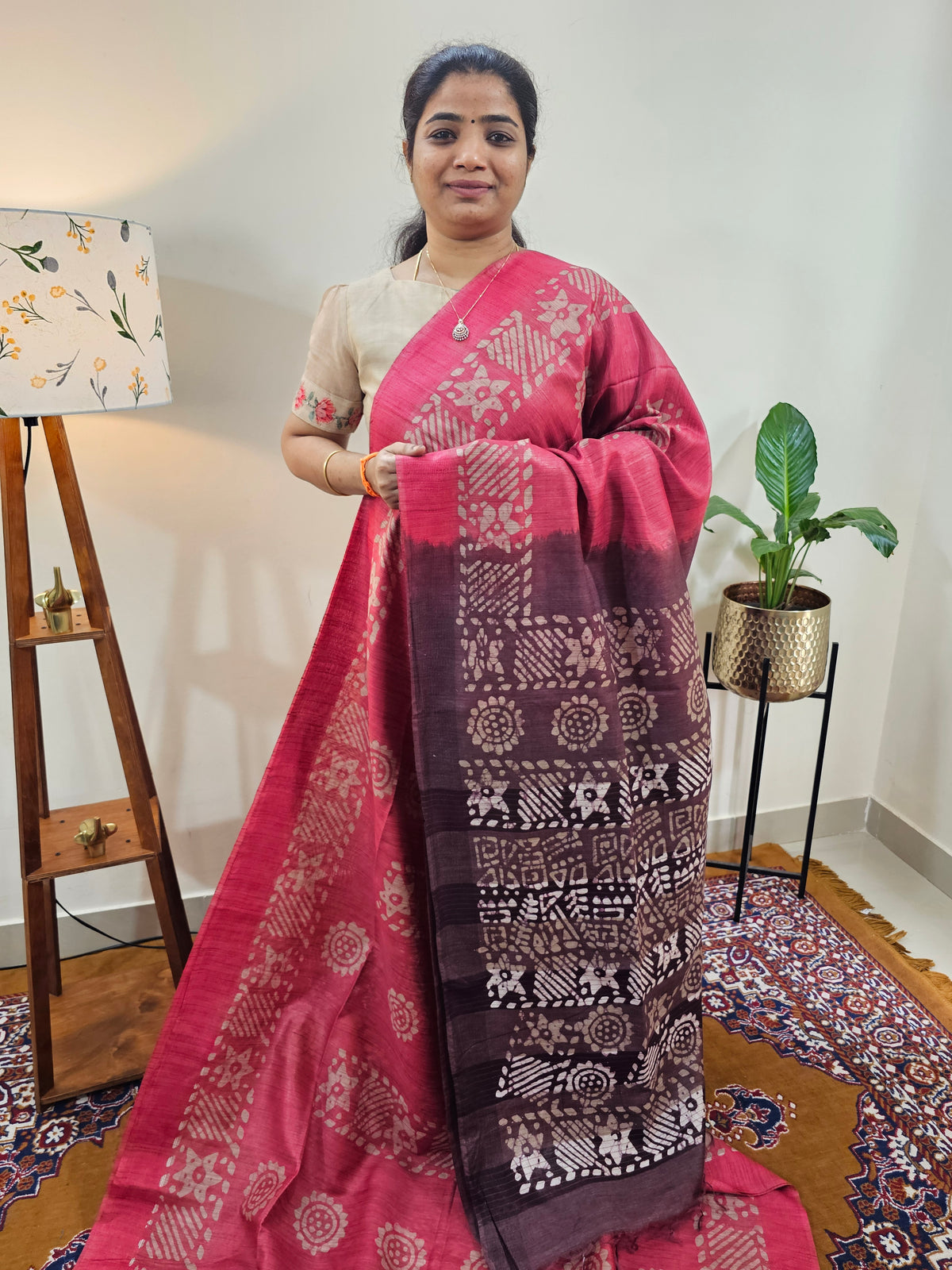 Bhagalpuri with Batik Print - Pink with Maroon