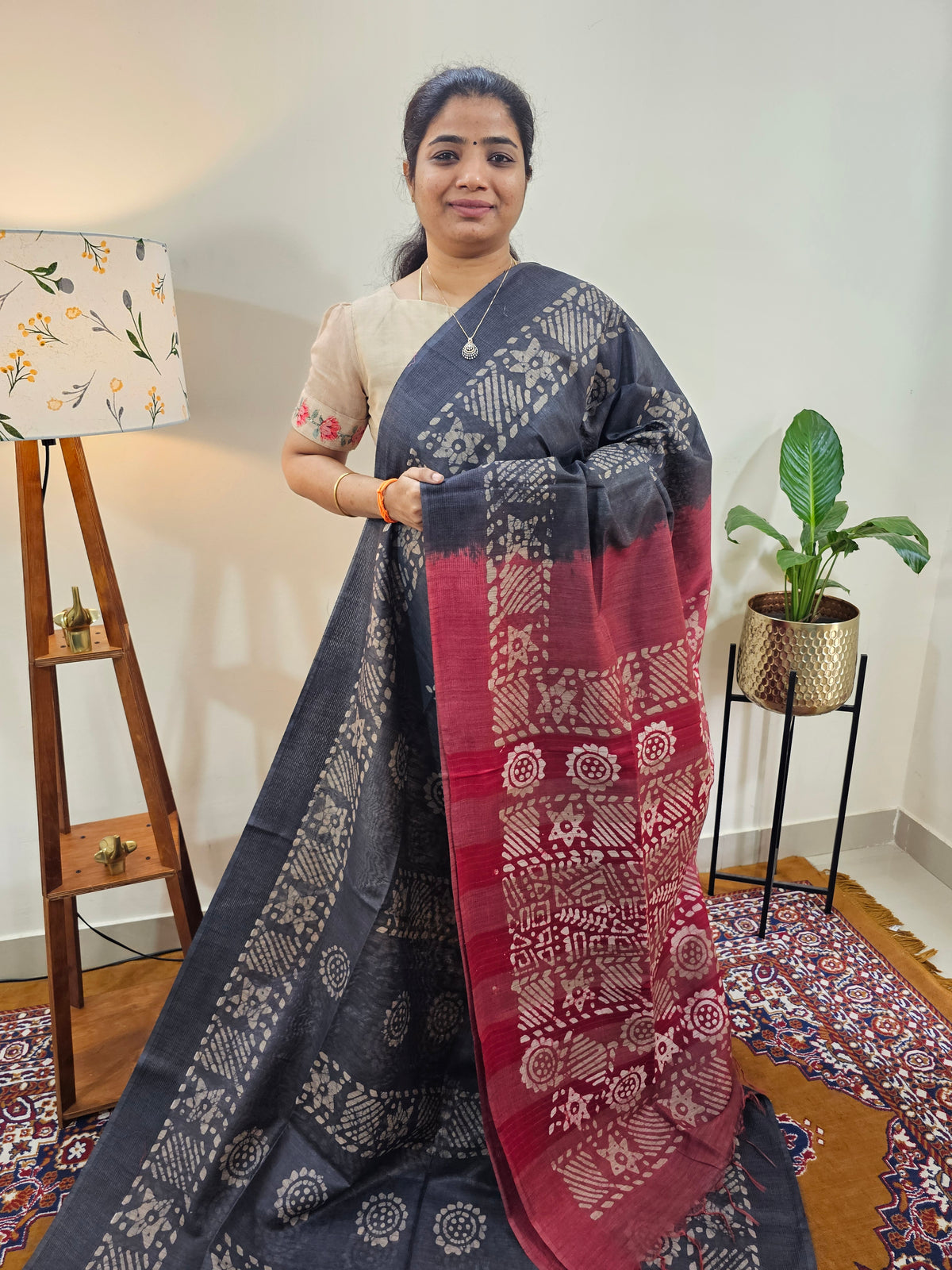 Bhagalpuri with Batik Print - Grey with Maroon