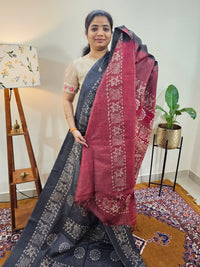 Bhagalpuri with Batik Print - Grey with Maroon