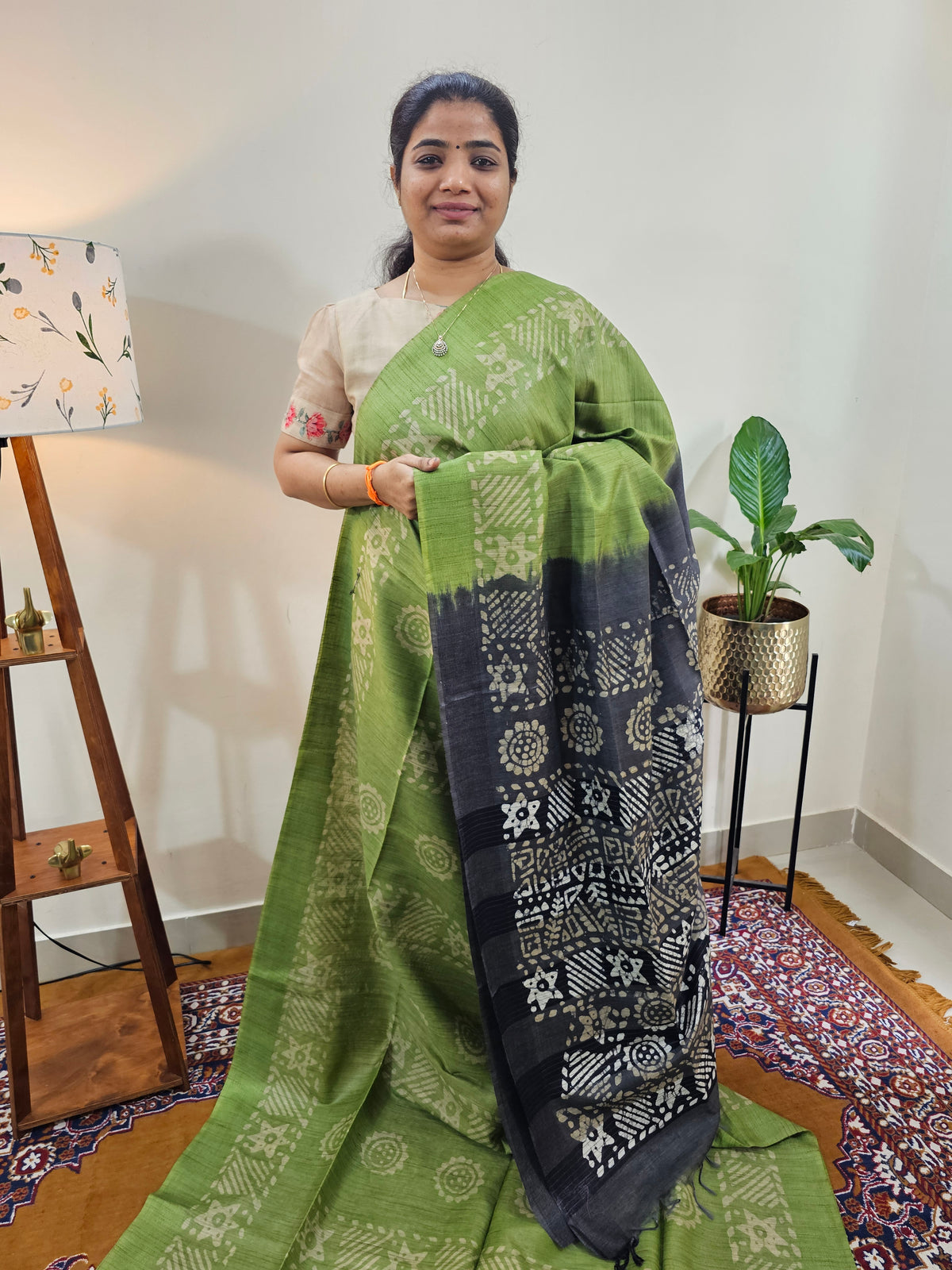 Bhagalpuri with Batik Print - Green with Grey