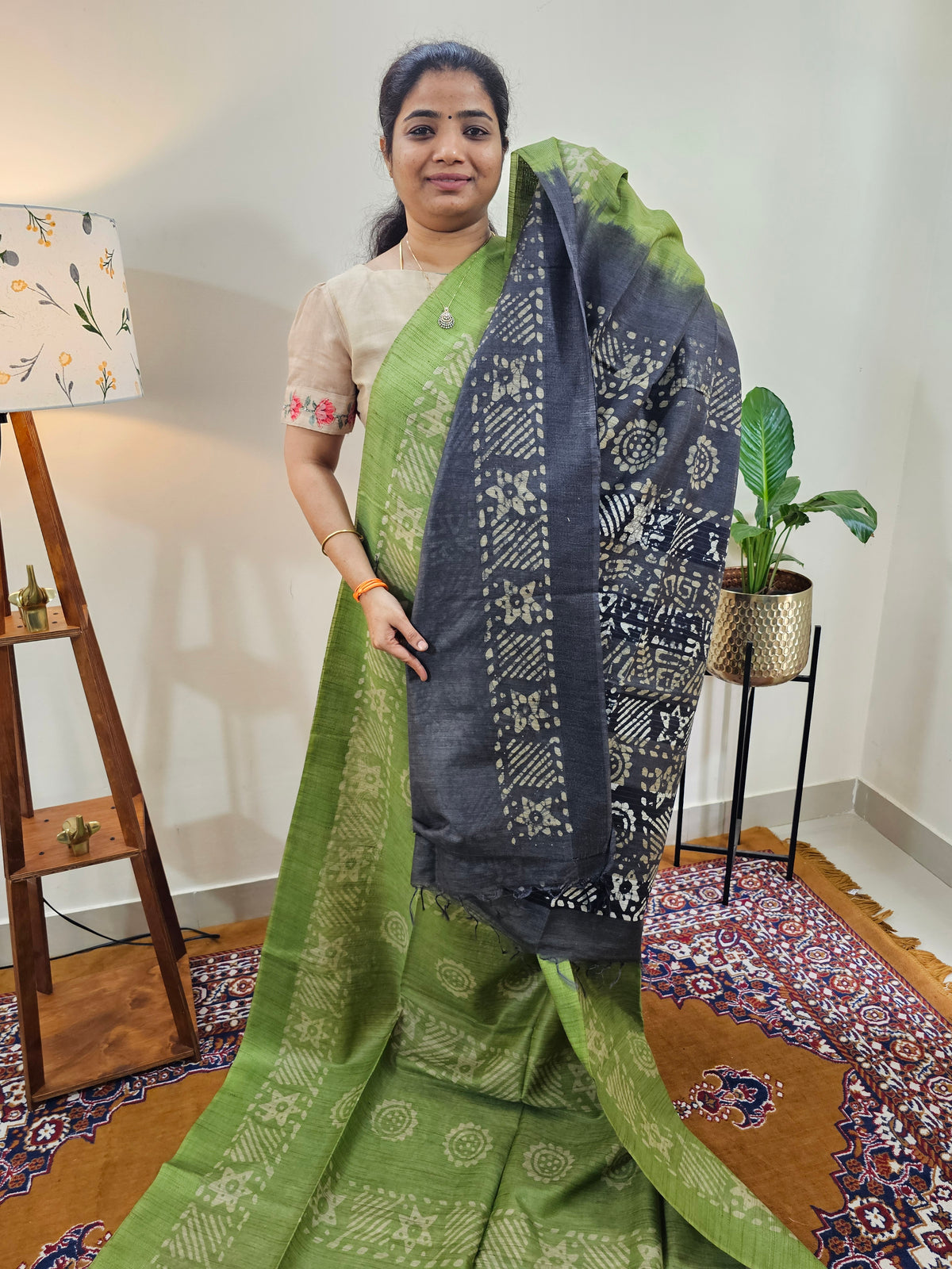 Bhagalpuri with Batik Print - Green with Grey