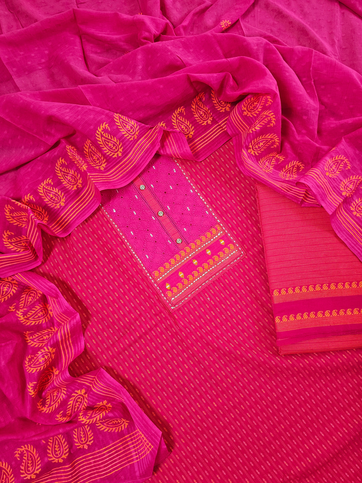 Handloom Pure Cotton Unstitched Salwar - Pink with Orange