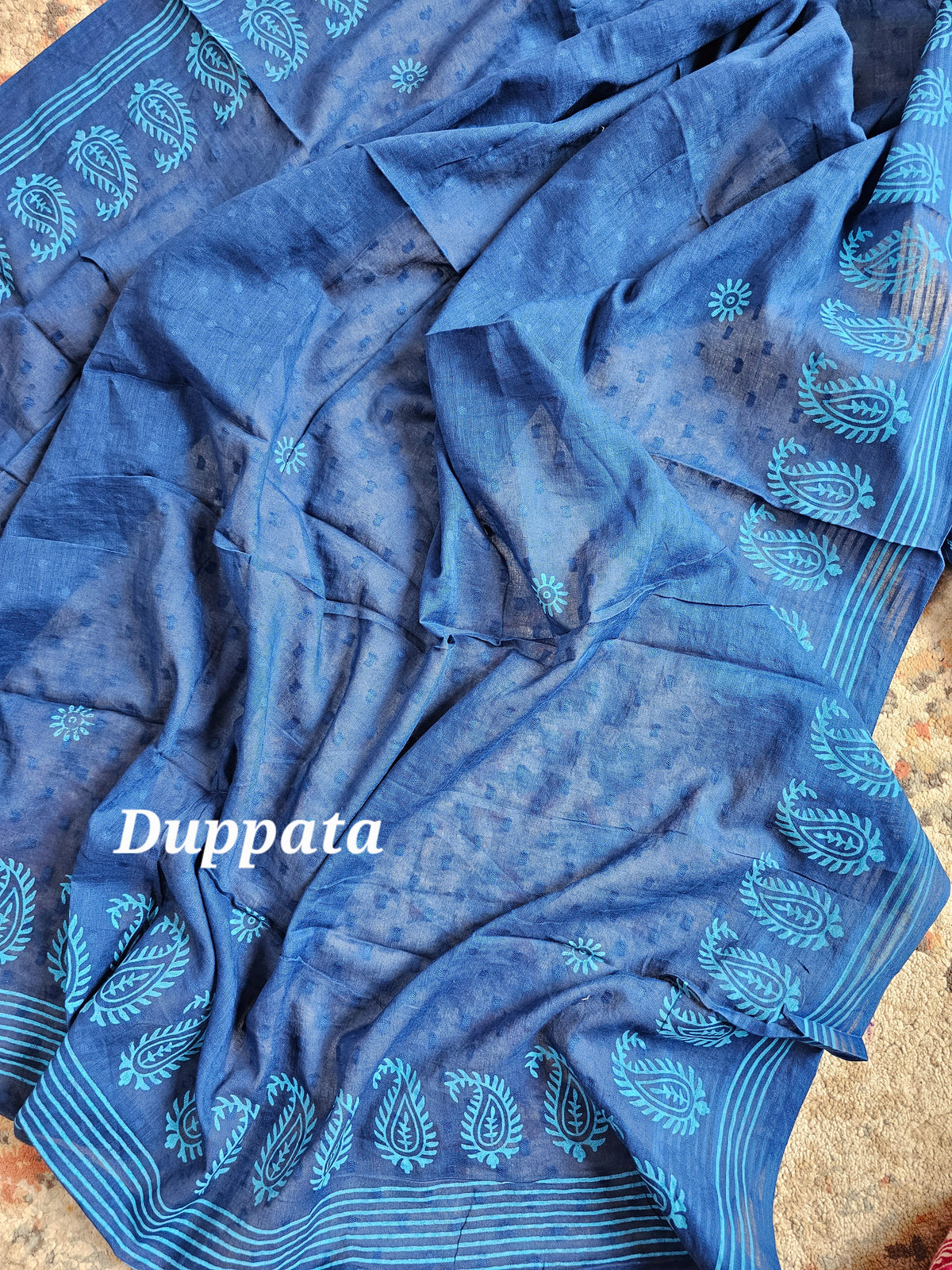 Handloom Pure Cotton Unstitched Salwar - Dark Blueb with Sky Blue