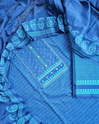 Handloom Pure Cotton Unstitched Salwar - Dark Blueb with Sky Blue