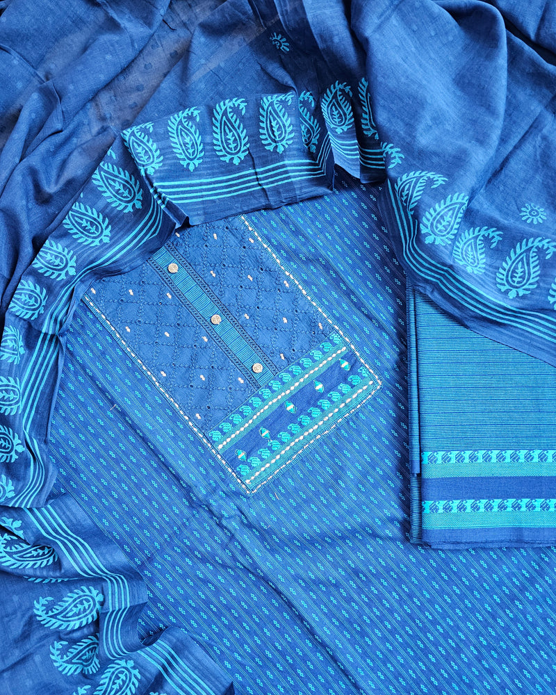Handloom Pure Cotton Unstitched Salwar - Dark Blueb with Sky Blue