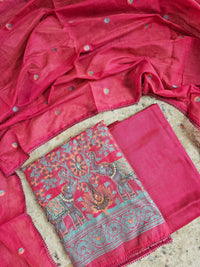 Semi Tussar Weaving Unstitched  Salwar Suit  - Dark Pink