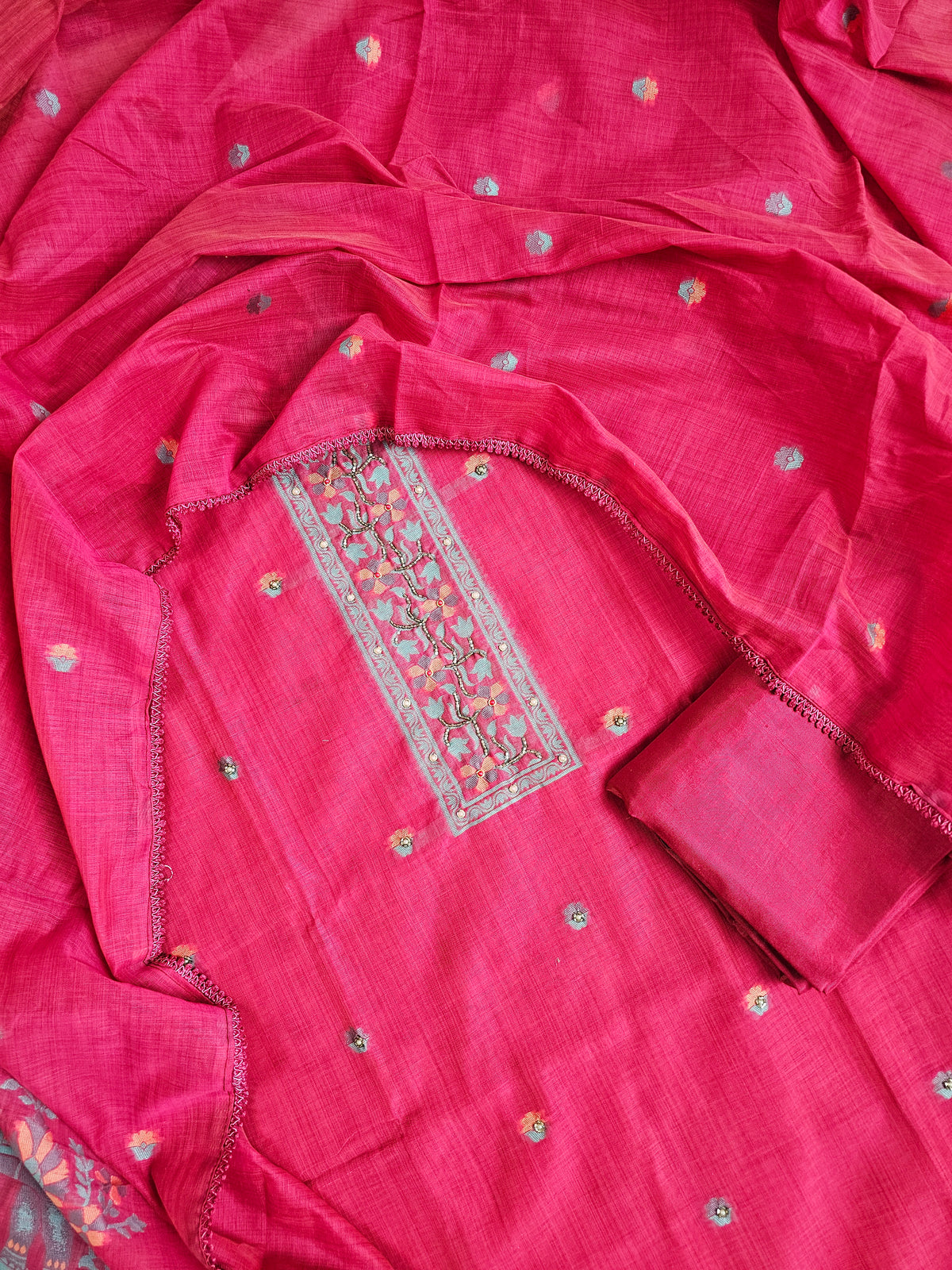 Semi Tussar Weaving Unstitched  Salwar Suit  - Dark Pink