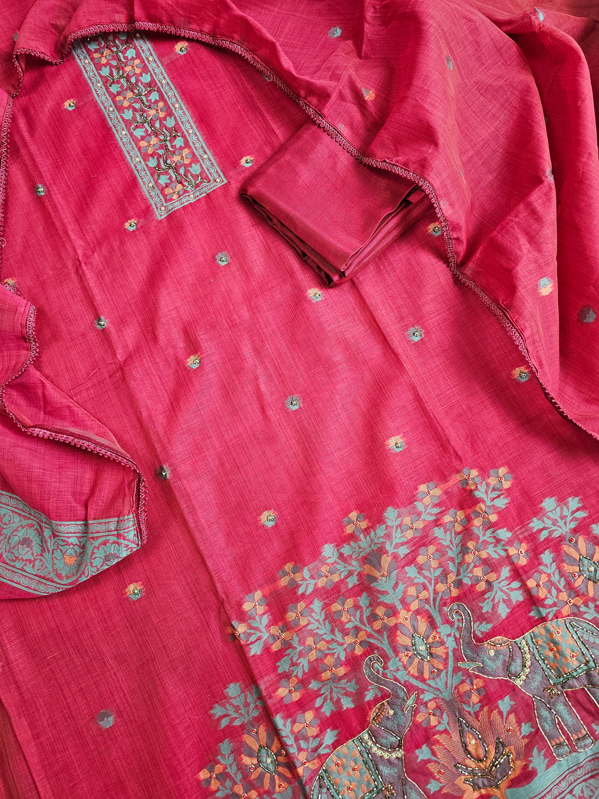 Semi Tussar Weaving Unstitched  Salwar Suit  - Dark Pink