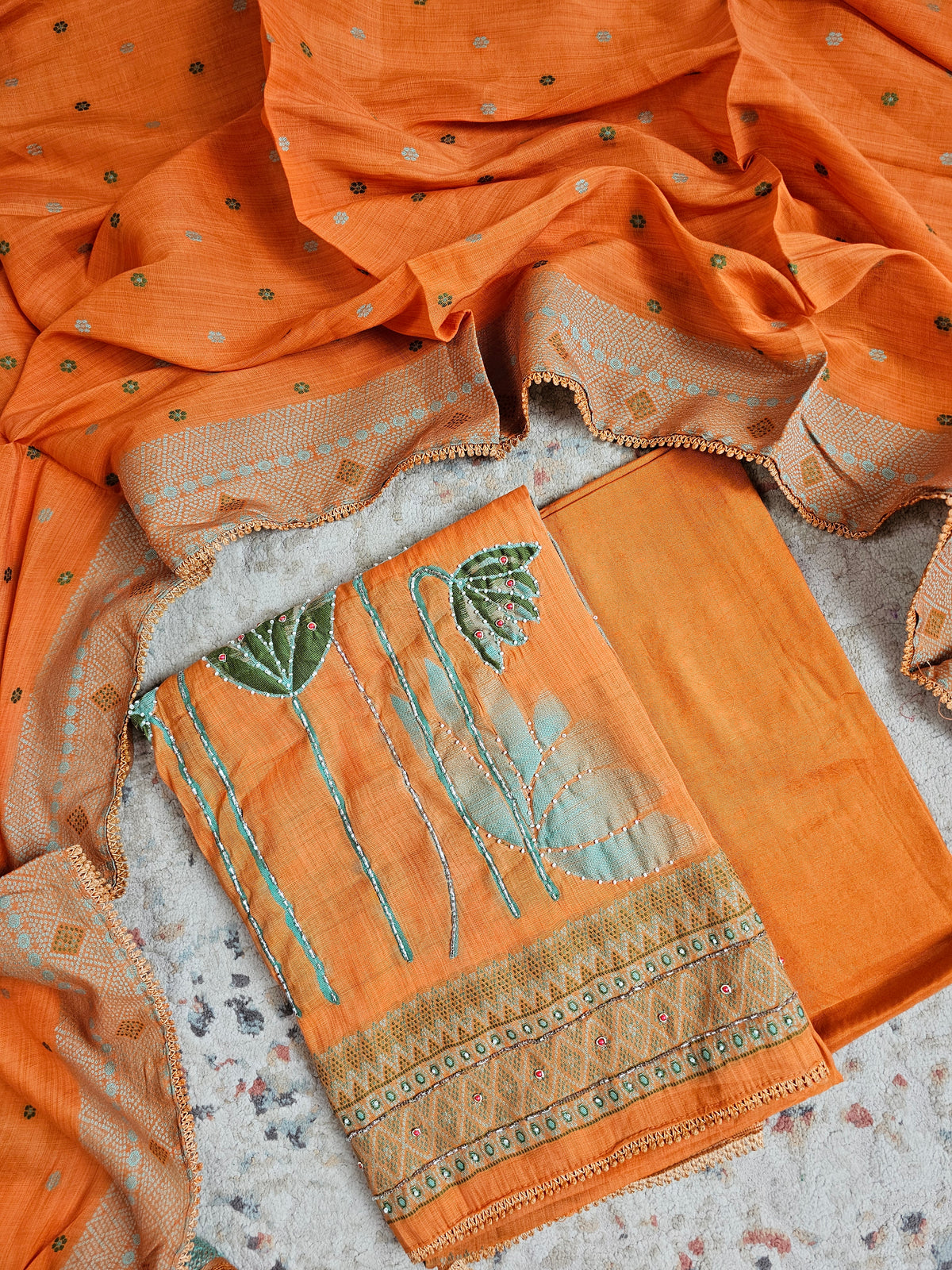 Semi Tussar Weaving Unstitched  Salwar Suit  - Orange