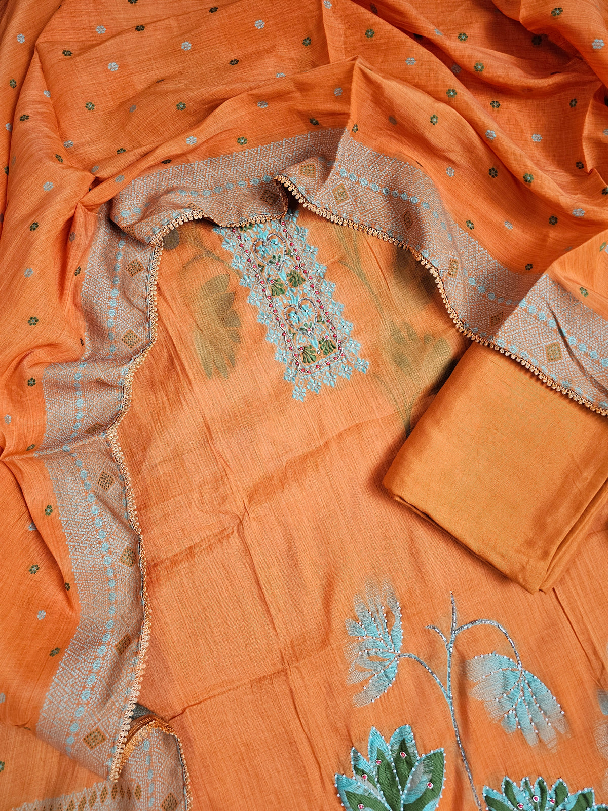 Semi Tussar Weaving Unstitched  Salwar Suit  - Orange