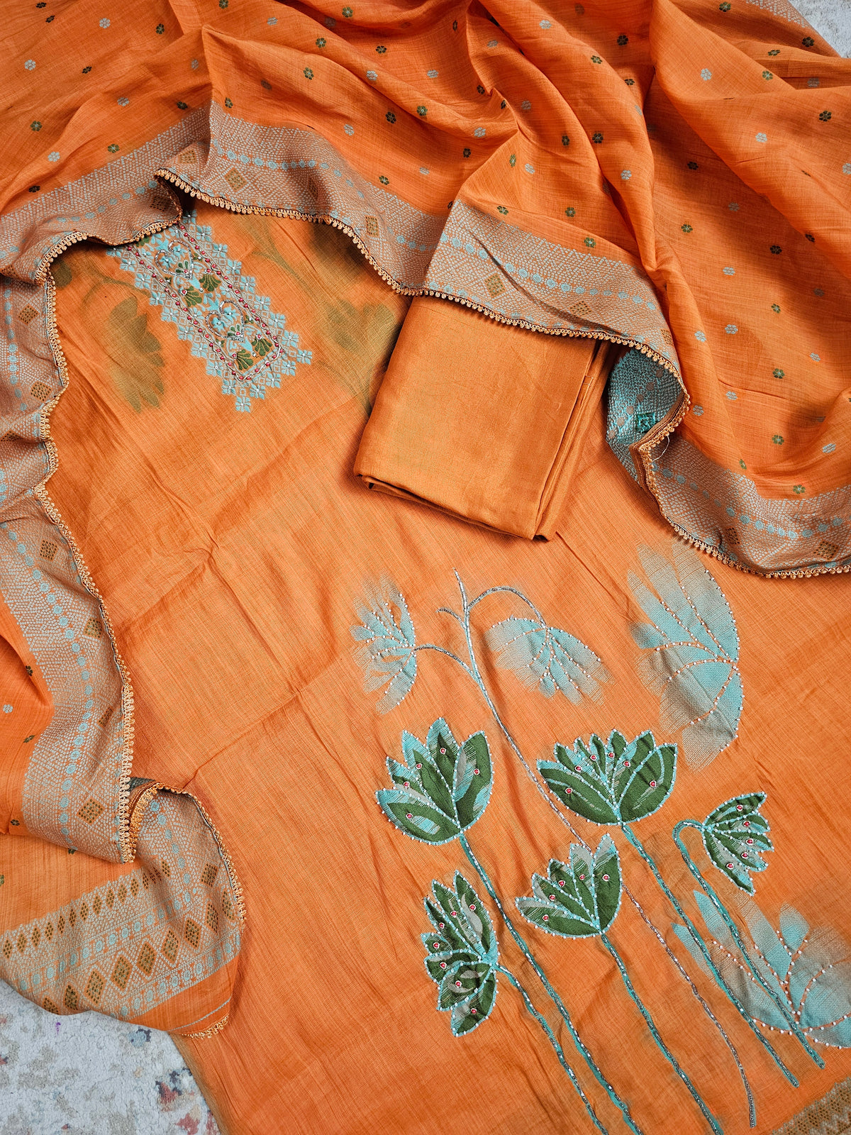 Semi Tussar Weaving Unstitched  Salwar Suit  - Orange